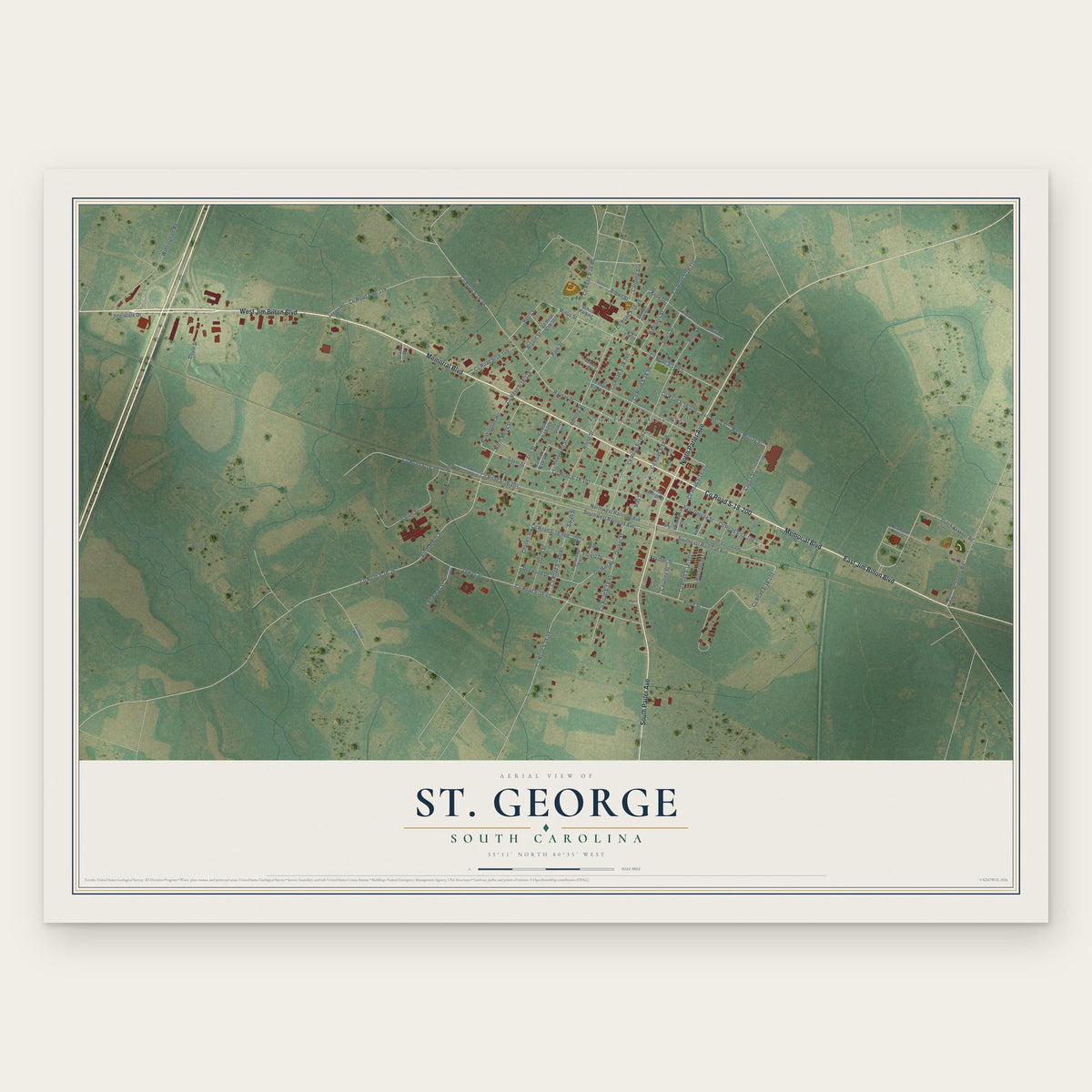 St. George, South Carolina map print, the full design