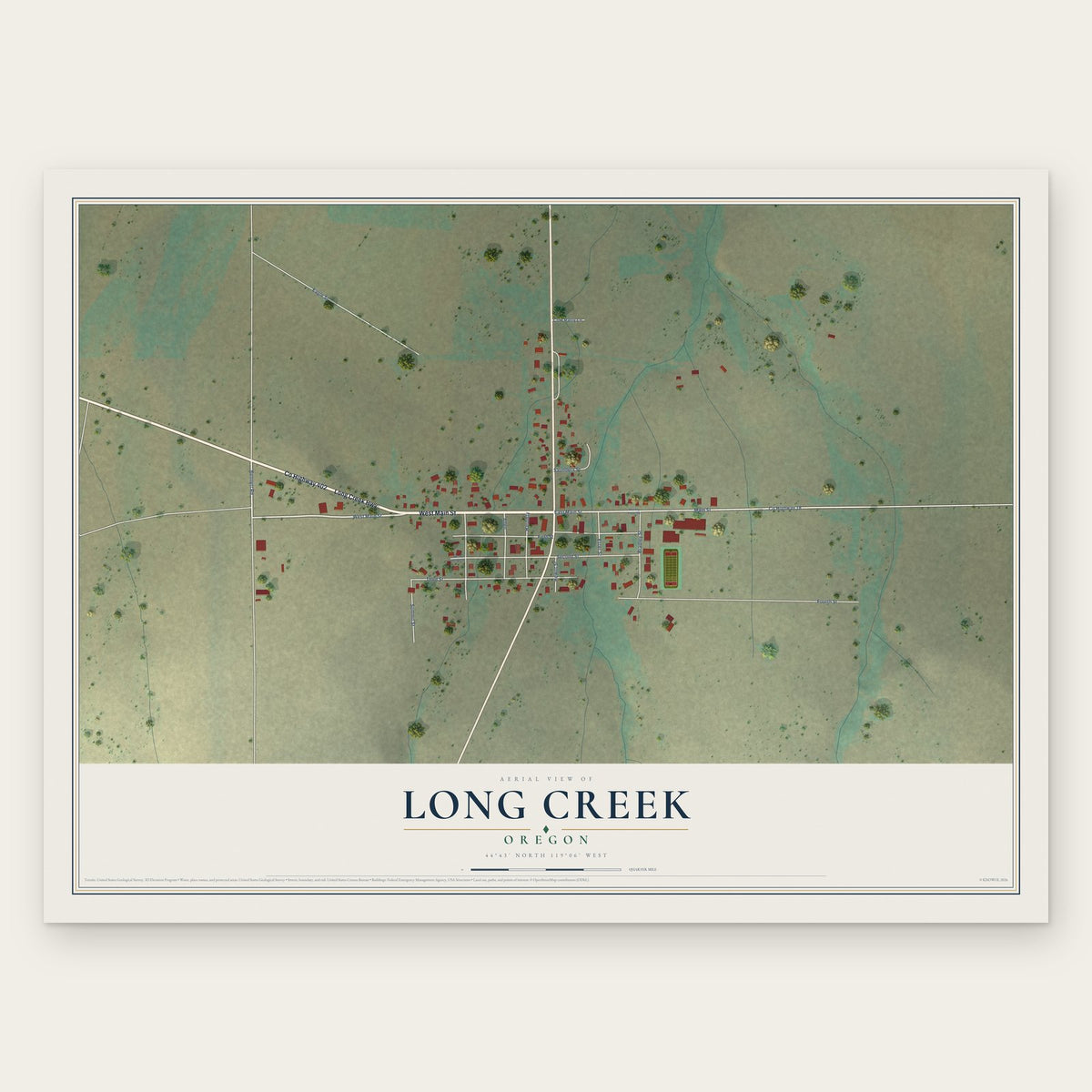 Long Creek, Oregon map print, the full design