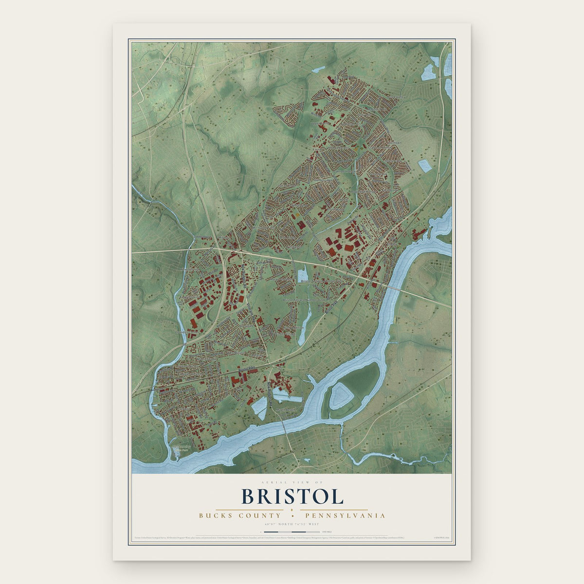 Bristol, Bucks County, Pennsylvania map print, the full design