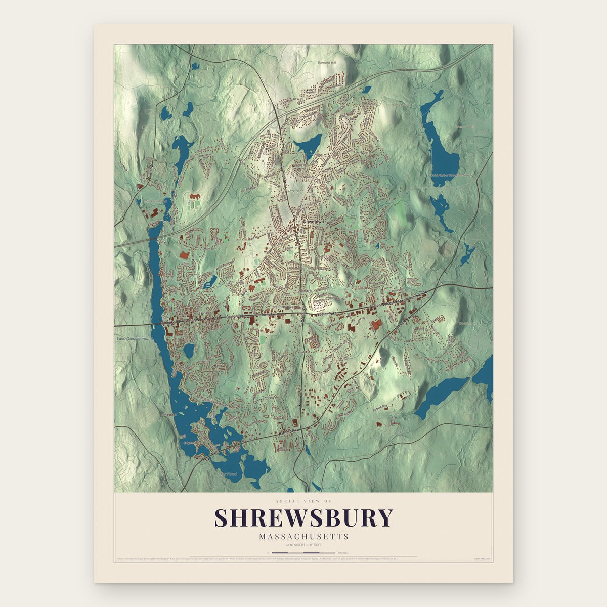 Shrewsbury, Massachusetts map print, the full design