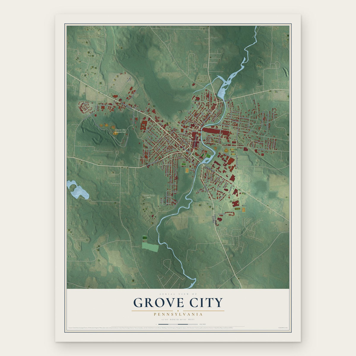 Grove City, Pennsylvania map print, the full design