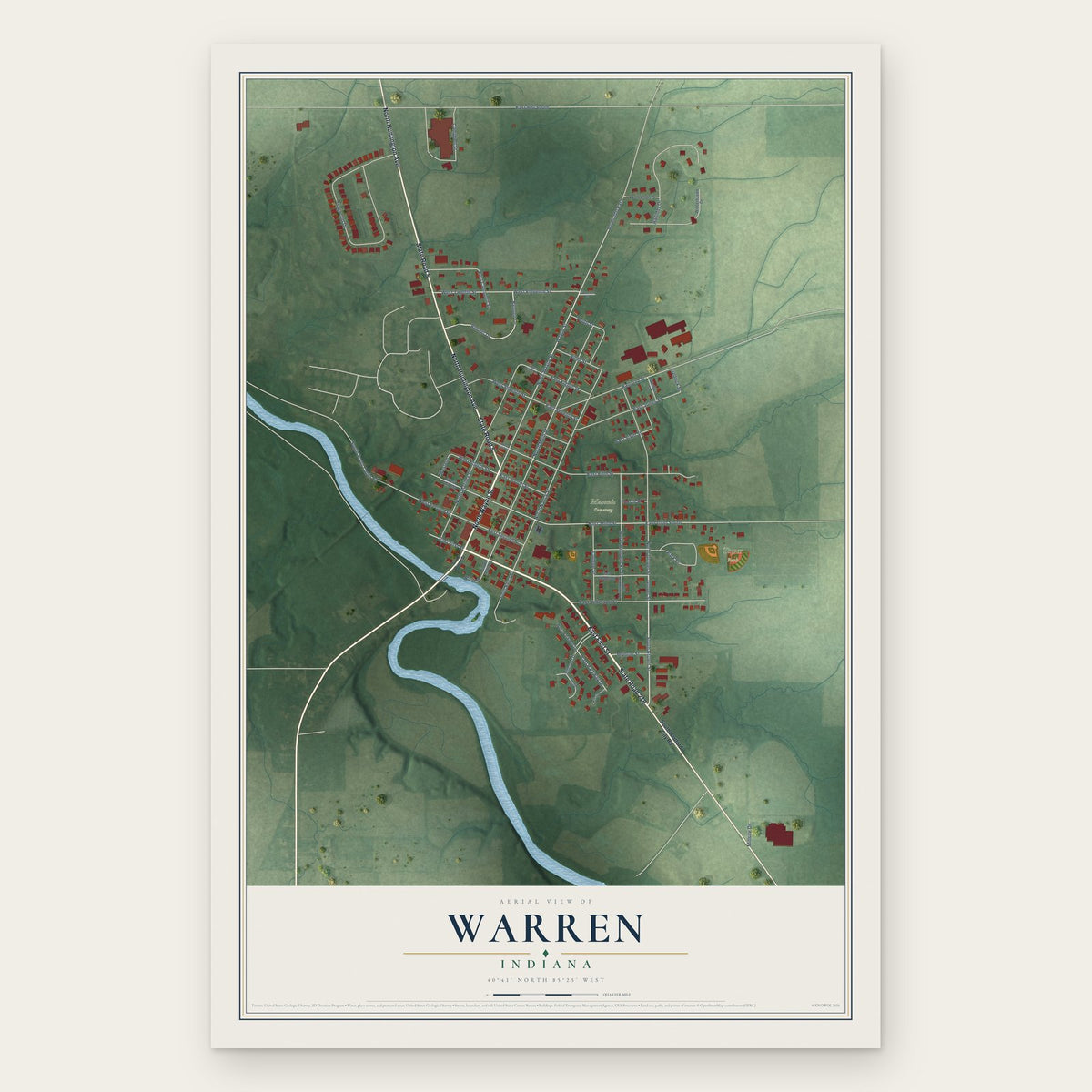 Warren, Indiana map print, the full design