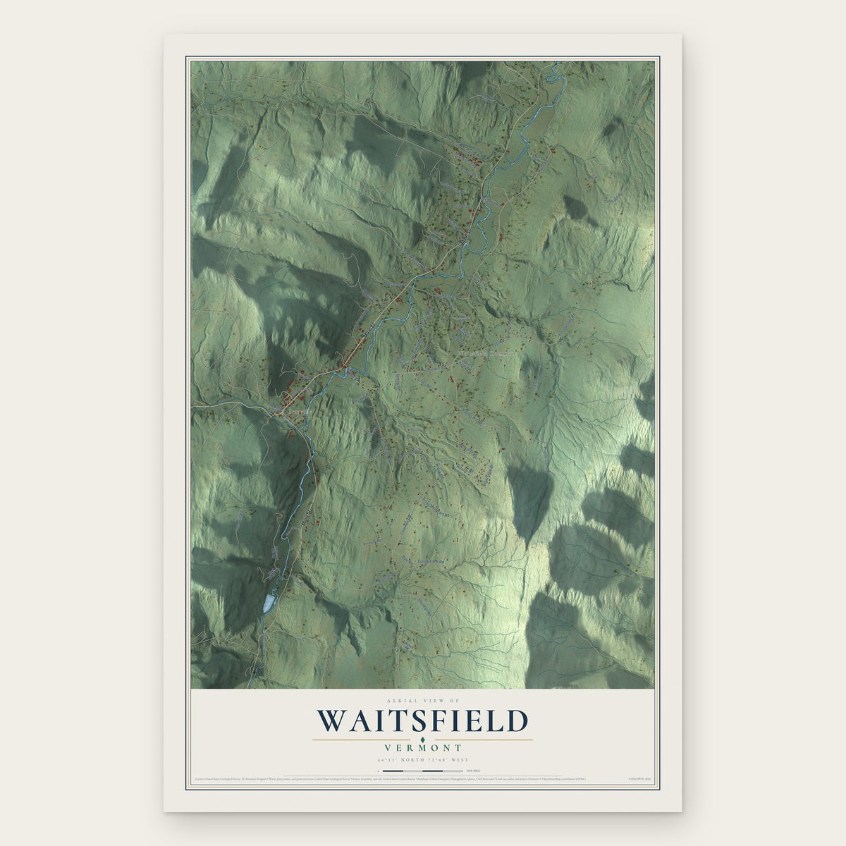 Waitsfield, Vermont map print, the full design