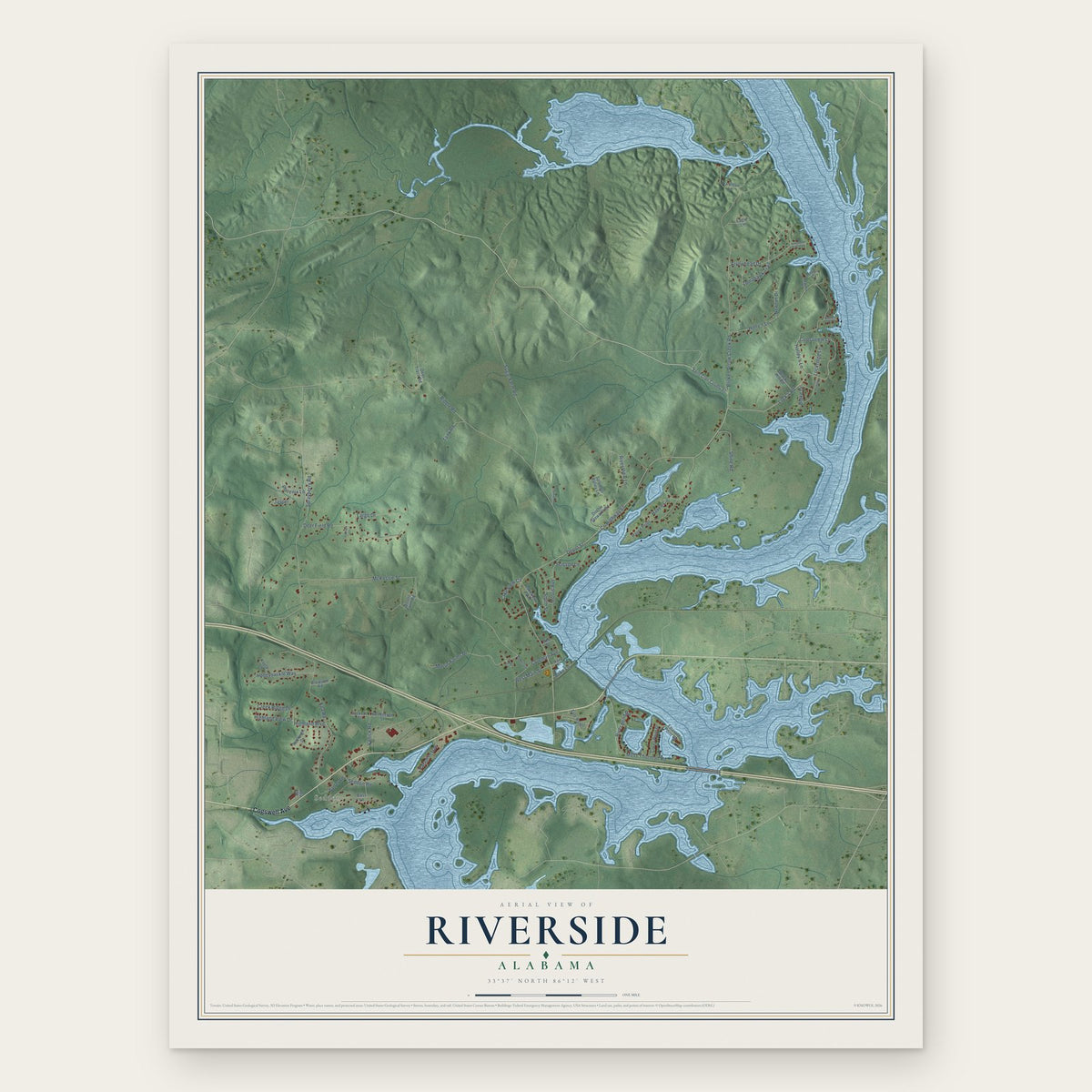Riverside, Alabama map print, the full design