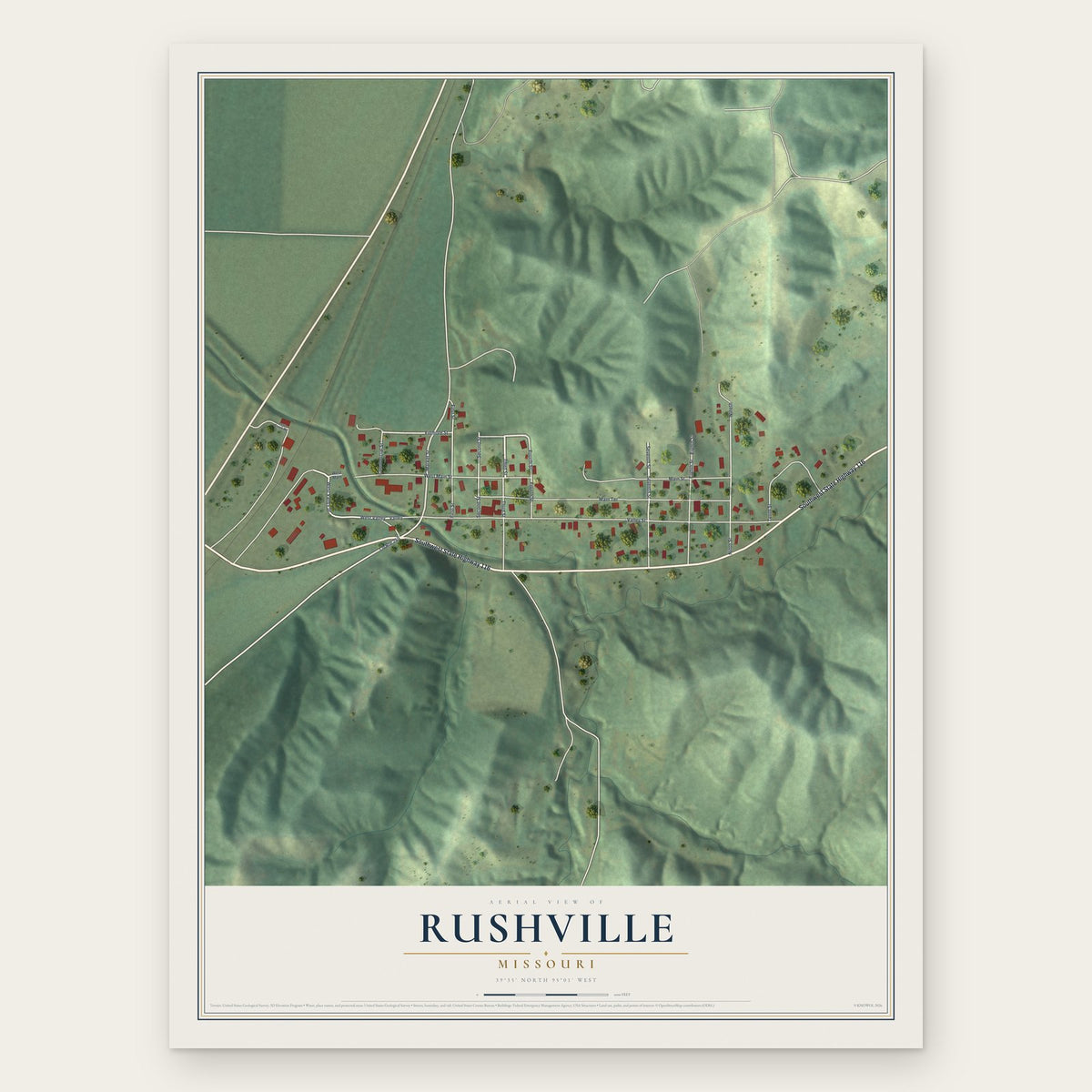 Rushville, Missouri map print, the full design