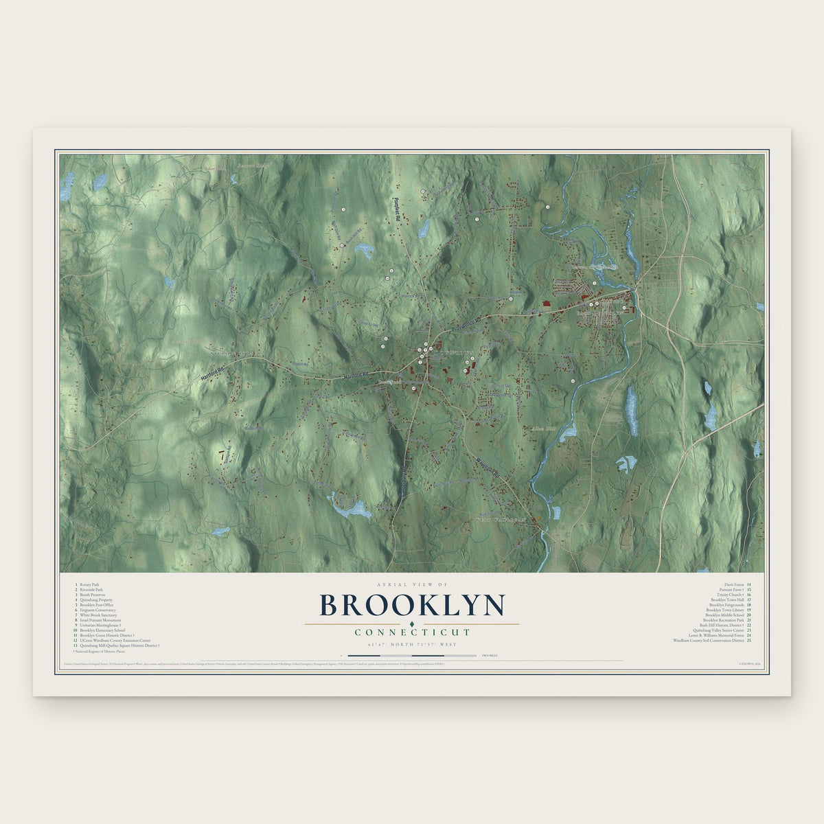 Brooklyn, Connecticut map print, the full design