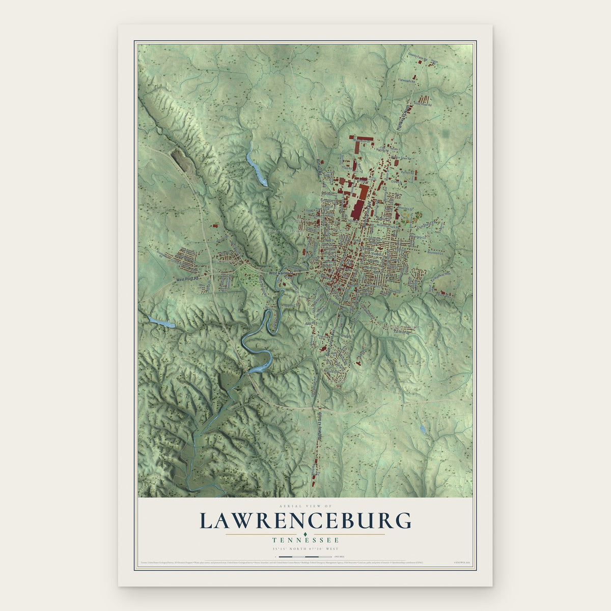Lawrenceburg, Tennessee map print, the full design