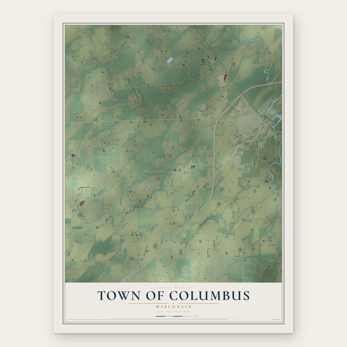 Town of Columbus, Wisconsin map print, the full design