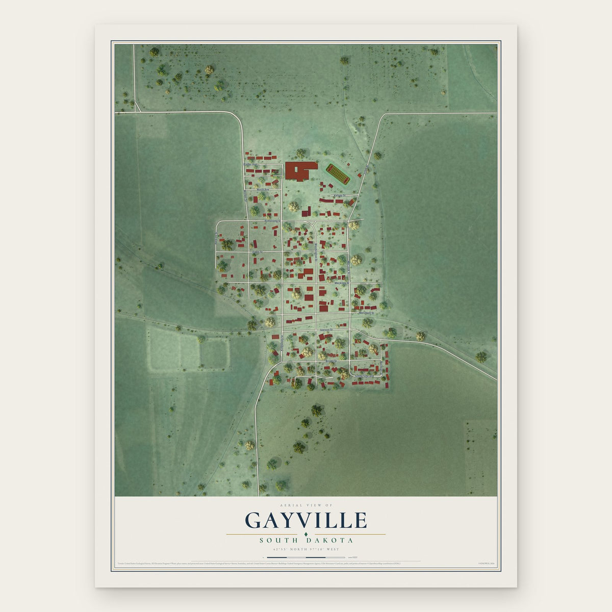 Gayville, South Dakota map print, the full design
