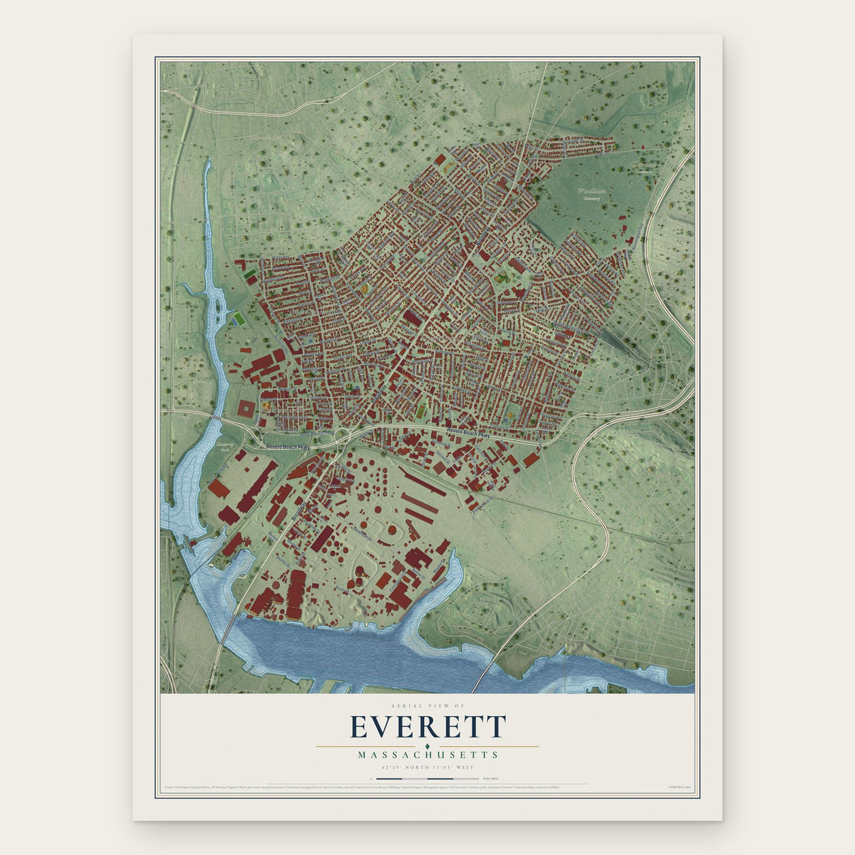 Everett, Massachusetts map print, the full design