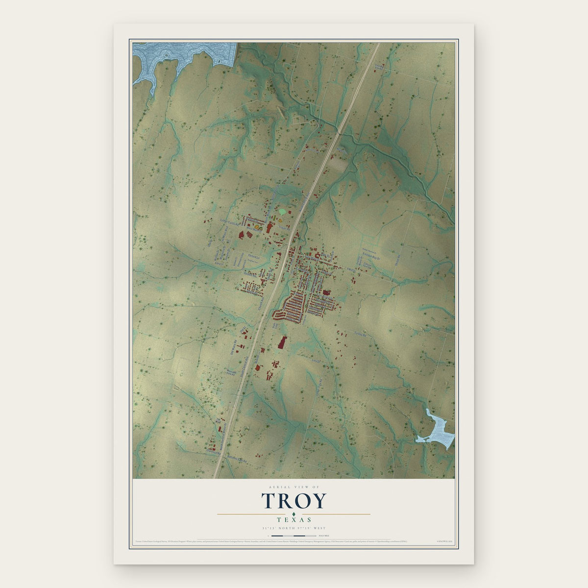 Troy, Texas map print, the full design