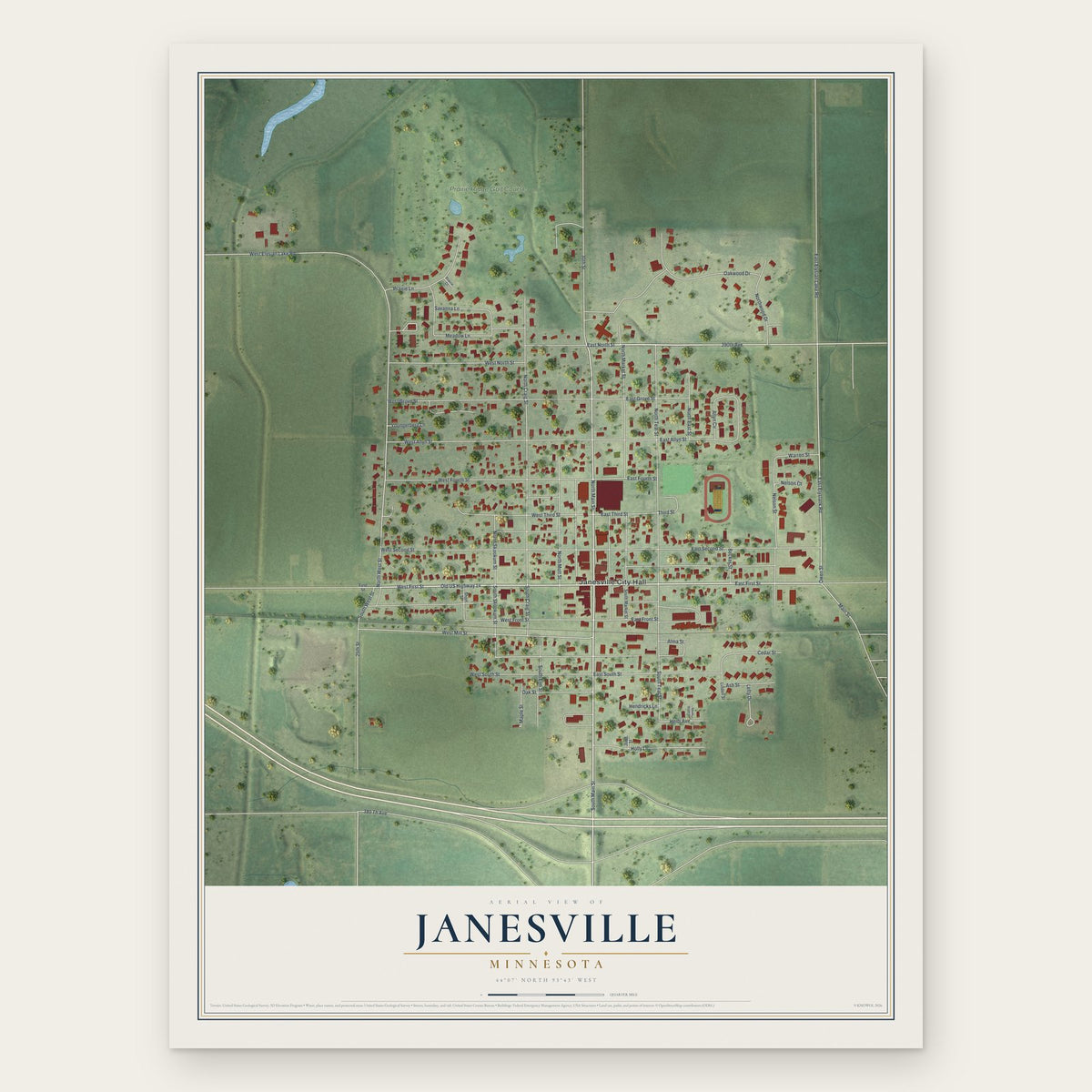 Janesville, Minnesota map print, the full design