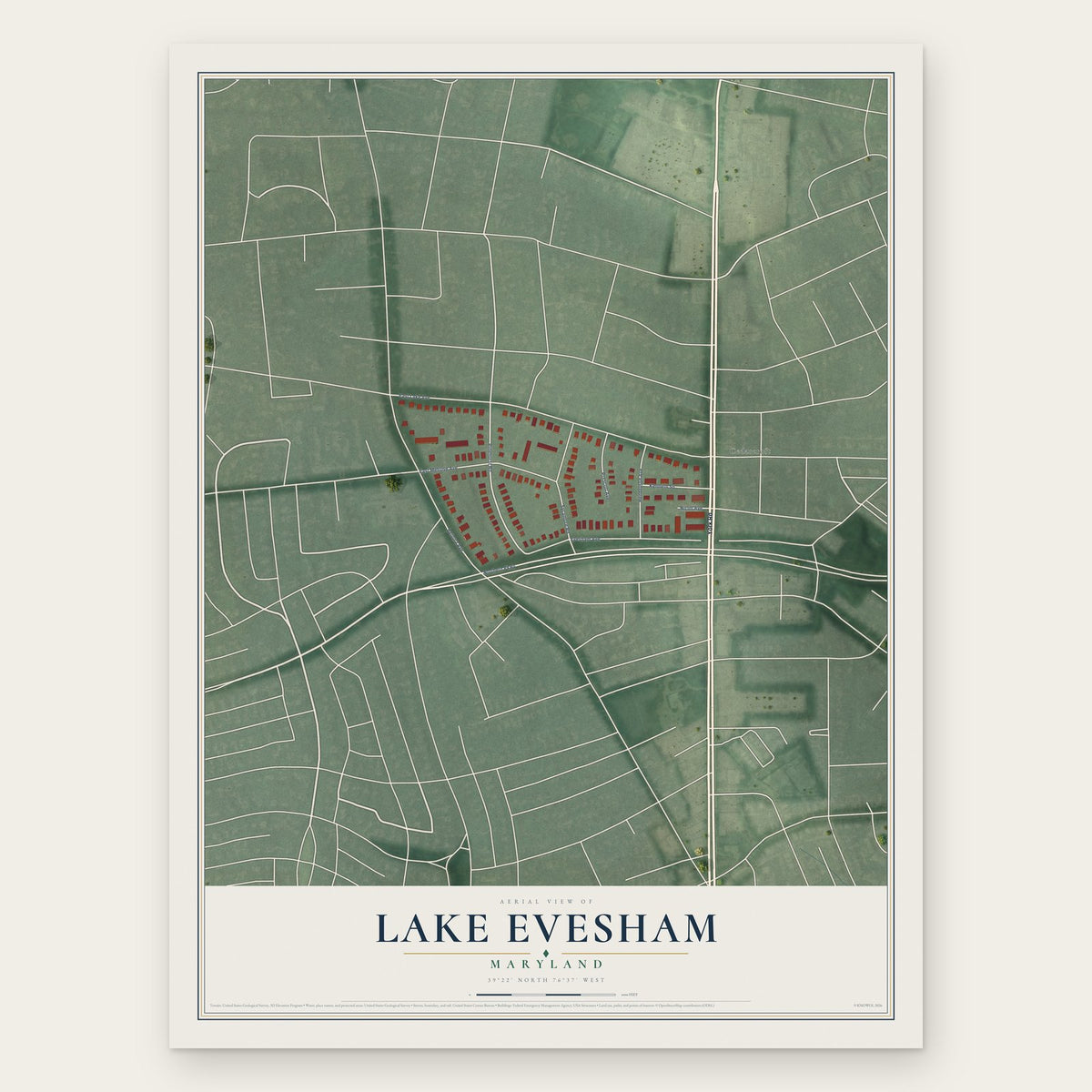 Lake Evesham, Maryland map print, the full design