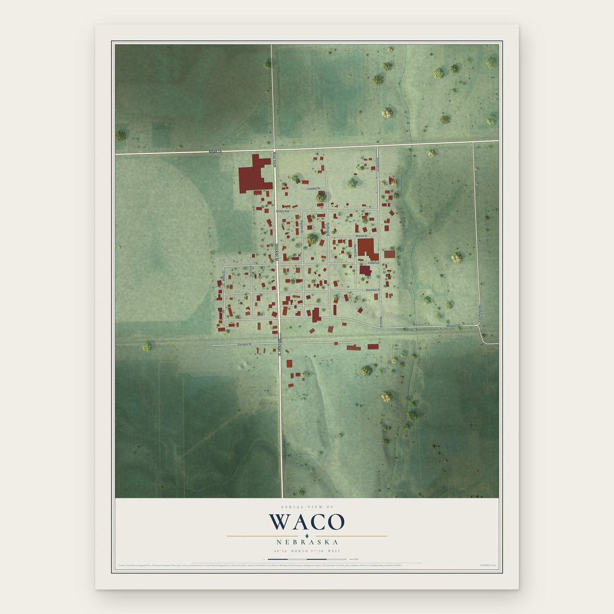 Waco, Nebraska map print, the full design