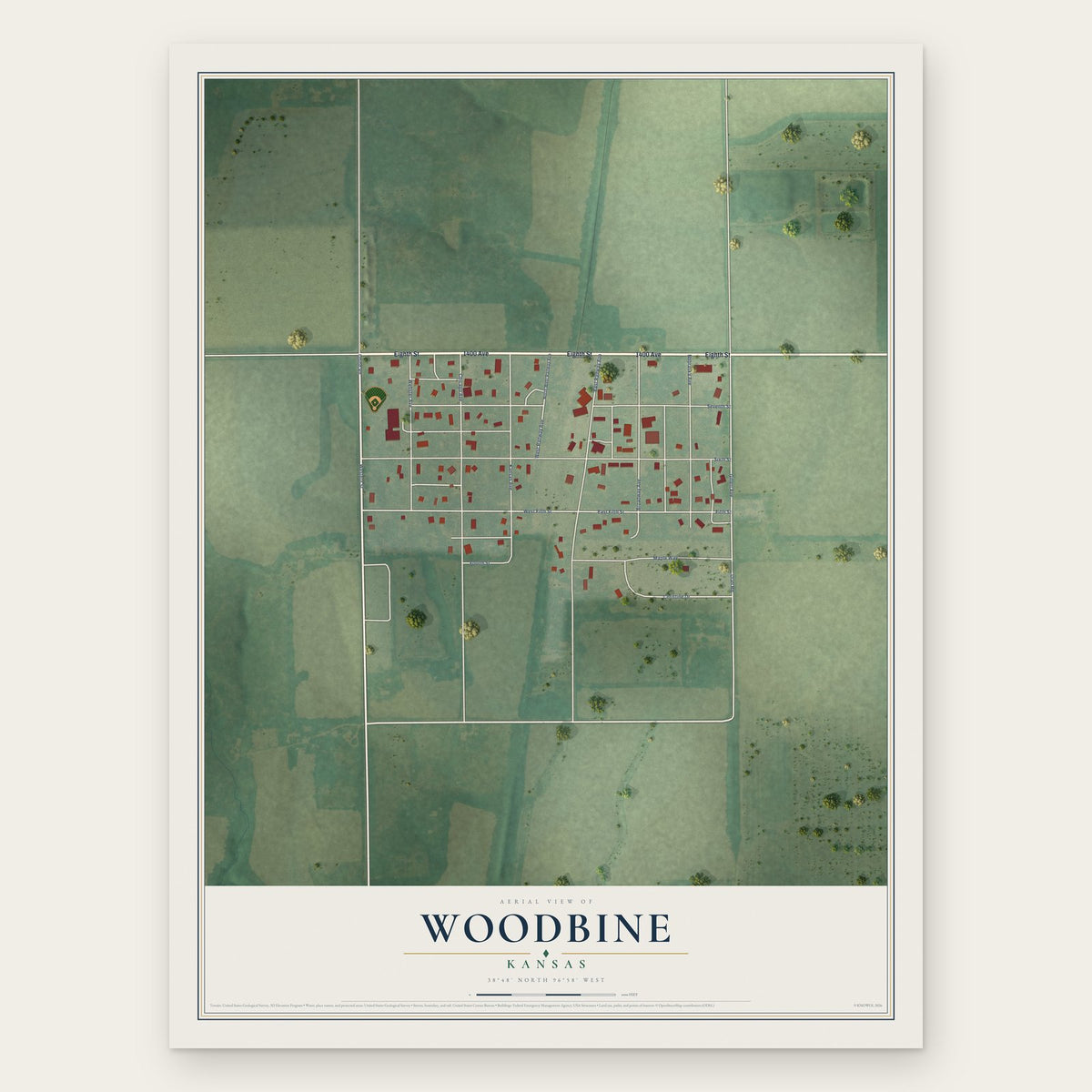 Woodbine, Kansas map print, the full design