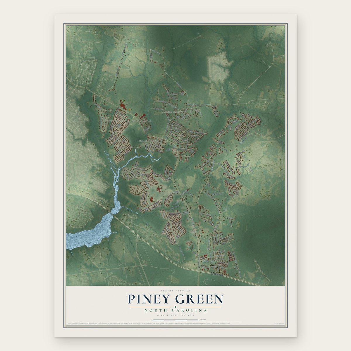 Piney Green, North Carolina map print, the full design