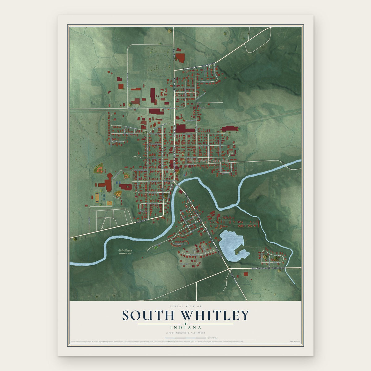 South Whitley, Indiana map print, the full design