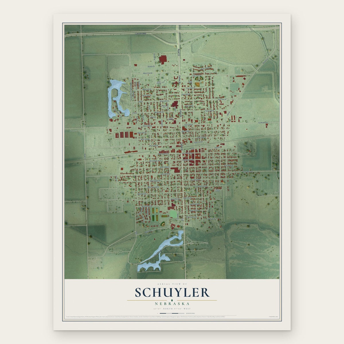 Schuyler, Nebraska map print, the full design