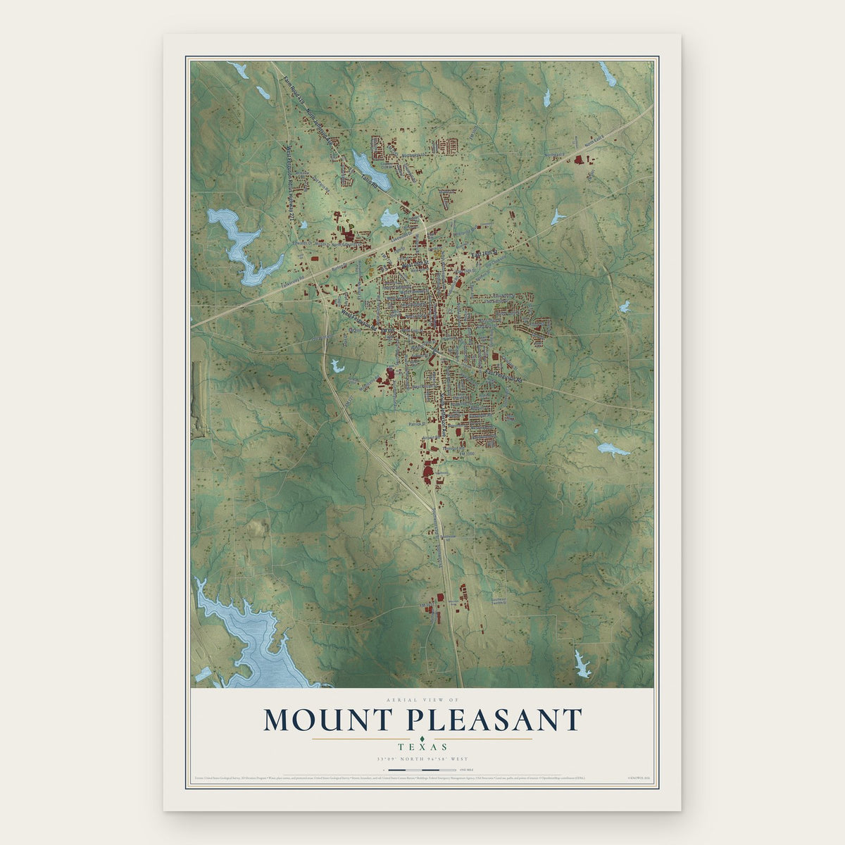 Mount Pleasant, Texas map print, the full design
