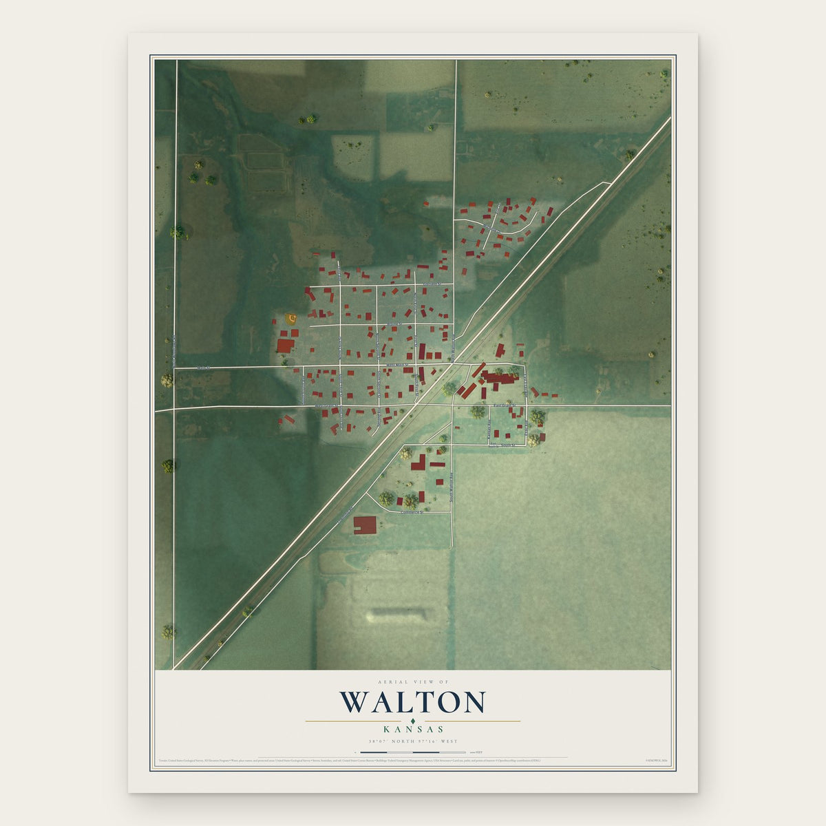 Walton, Kansas map print, the full design