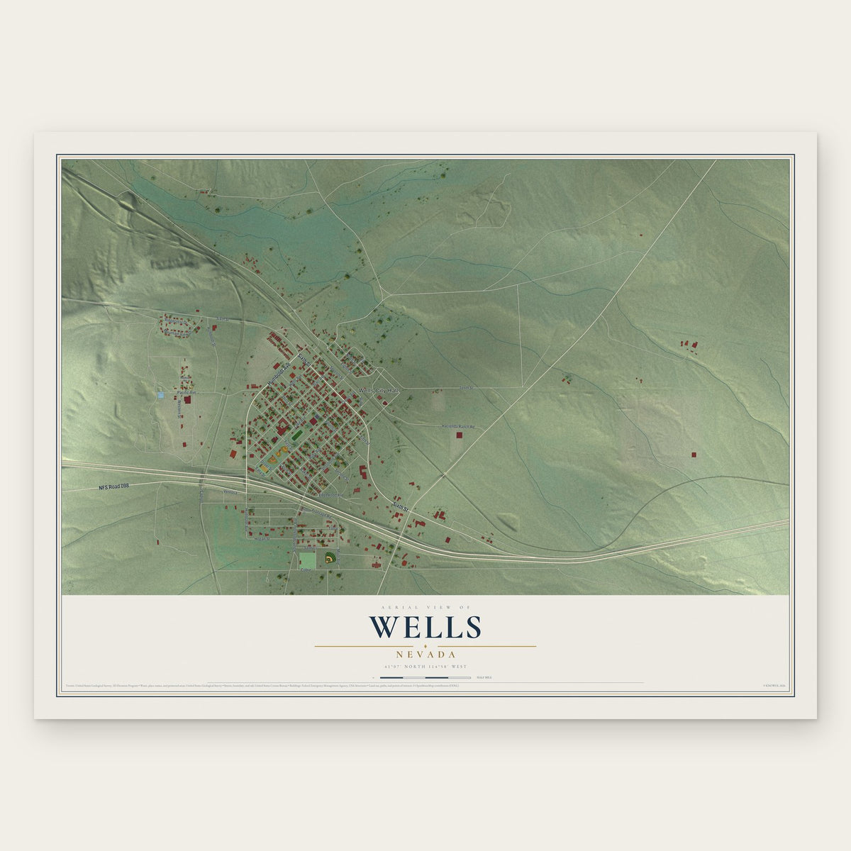 Wells, Nevada map print, the full design