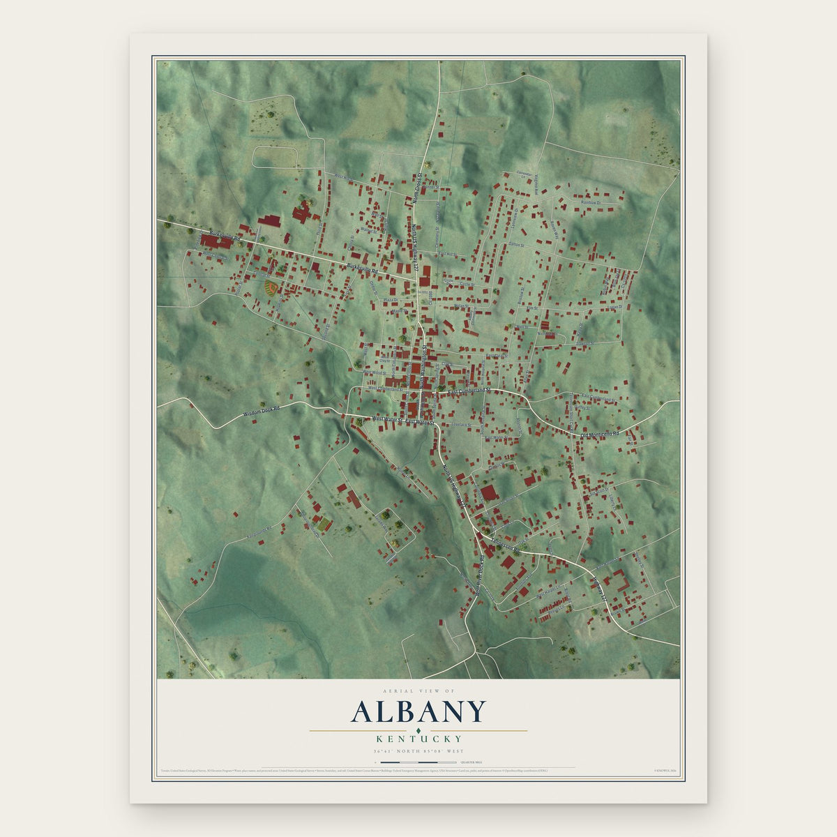 Albany, Kentucky map print, the full design