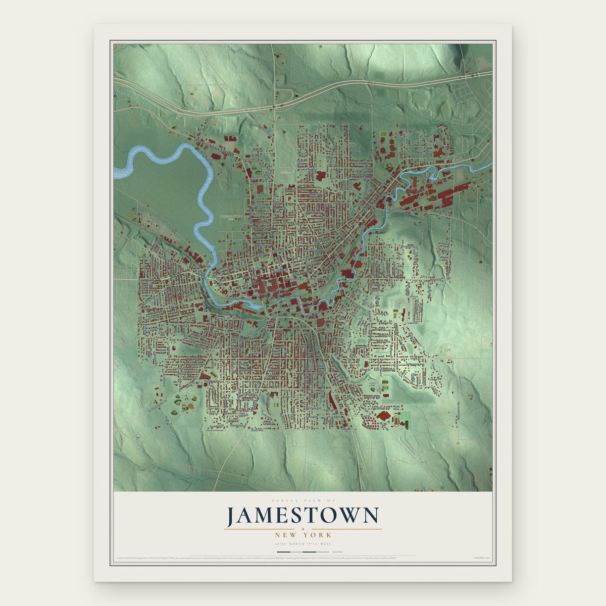 Jamestown, New York map print, the full design