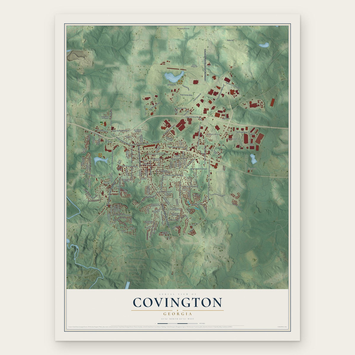 Covington, Georgia map print, the full design