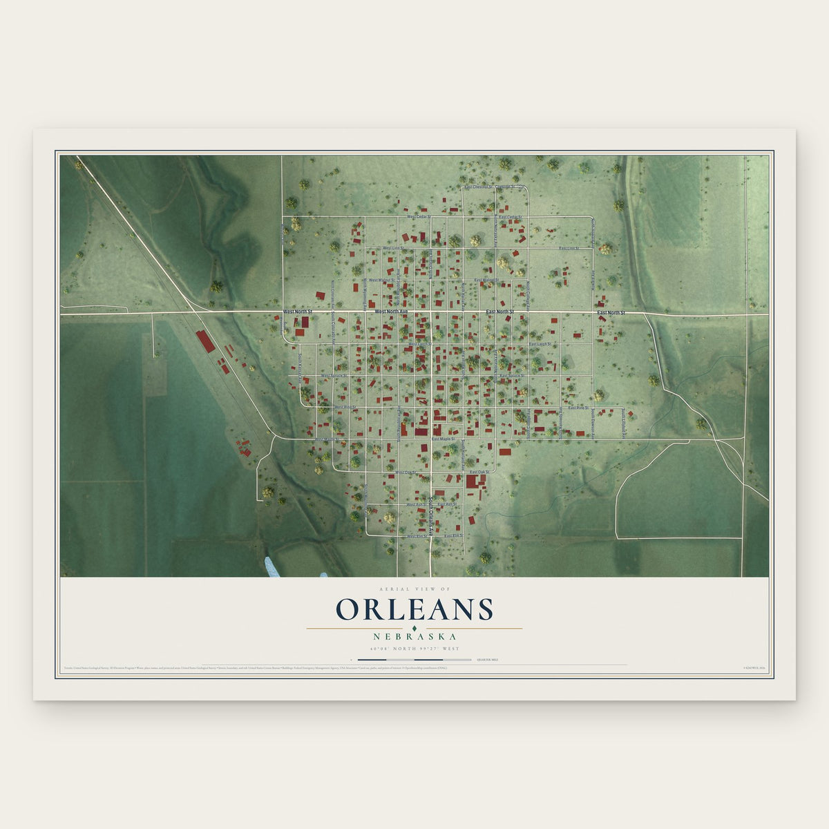 Orleans, Nebraska map print, the full design