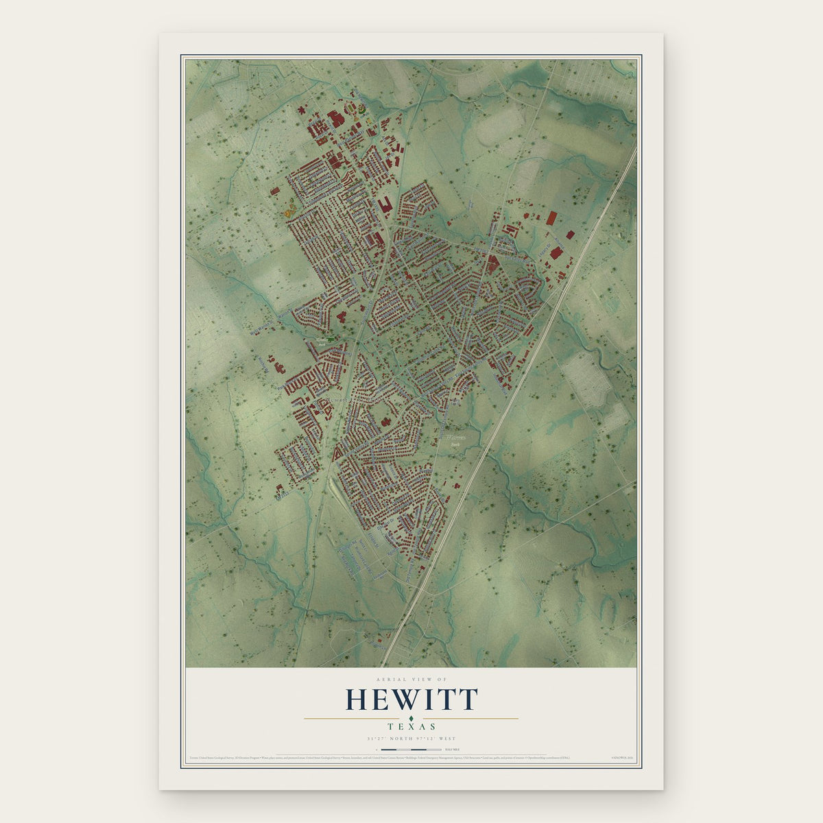 Hewitt, Texas map print, the full design