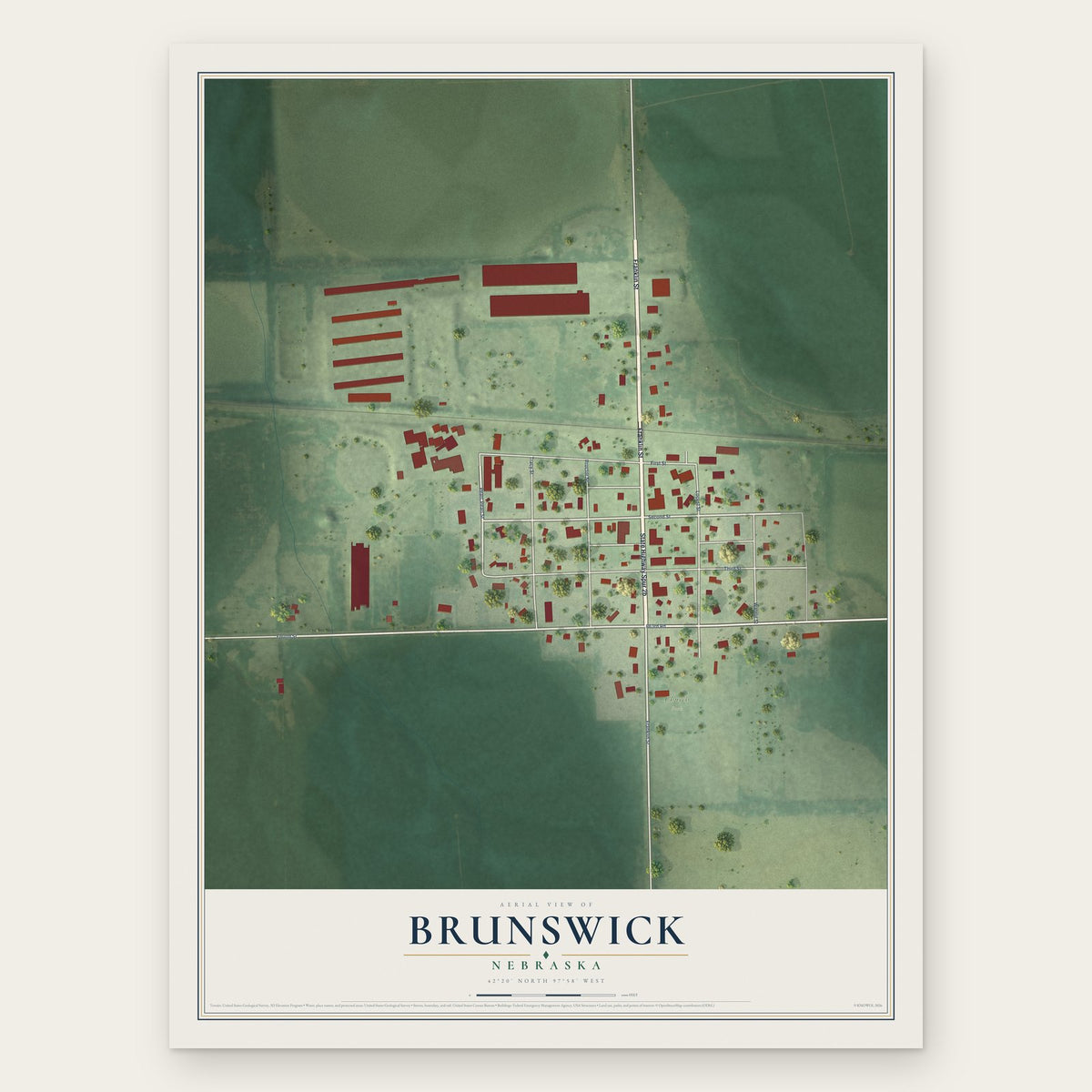Brunswick, Nebraska map print, the full design