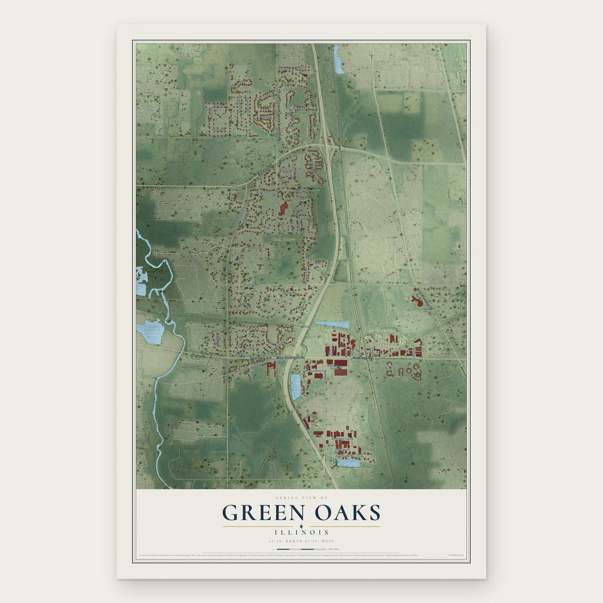 Green Oaks, Illinois map print, the full design