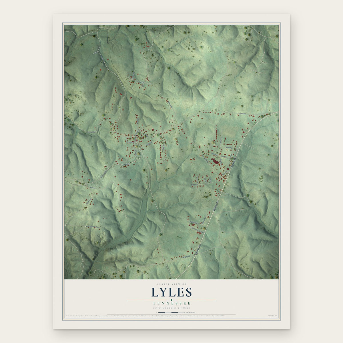 Lyles, Tennessee map print, the full design