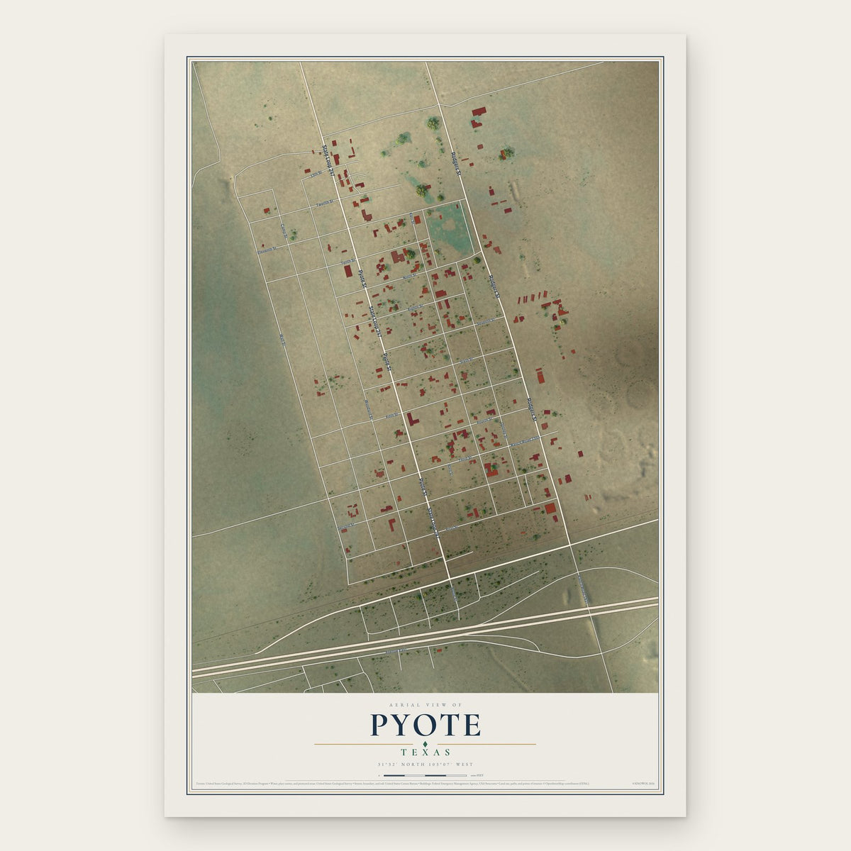 Pyote, Texas map print, the full design