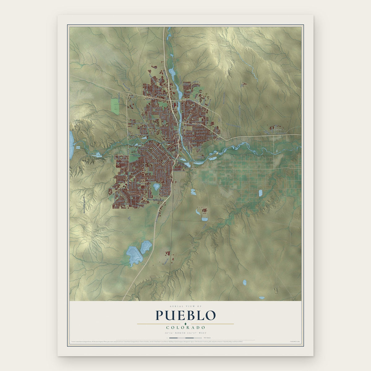 Pueblo, Colorado map print, the full design