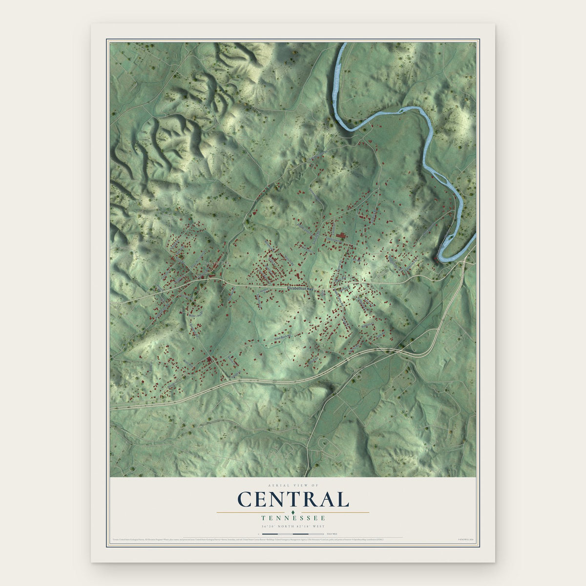 Central, Tennessee map print, the full design