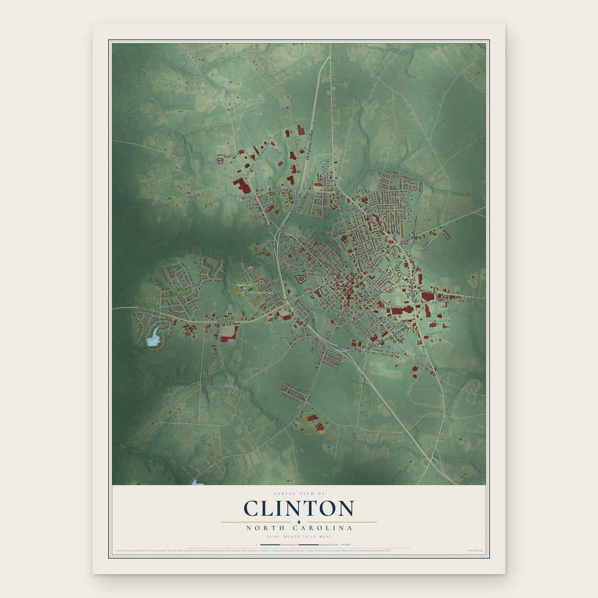 Clinton, North Carolina map print, the full design