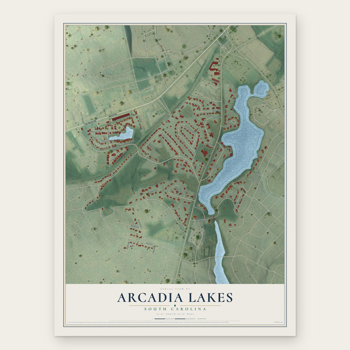 Arcadia Lakes, South Carolina map print, the full design