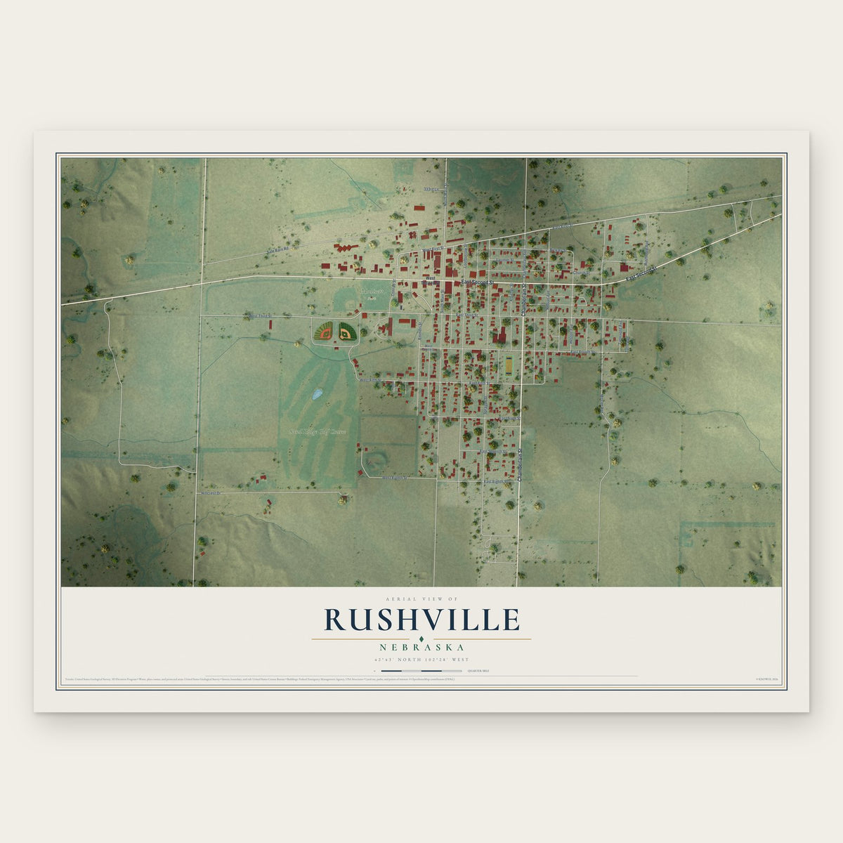 Rushville, Nebraska map print, the full design