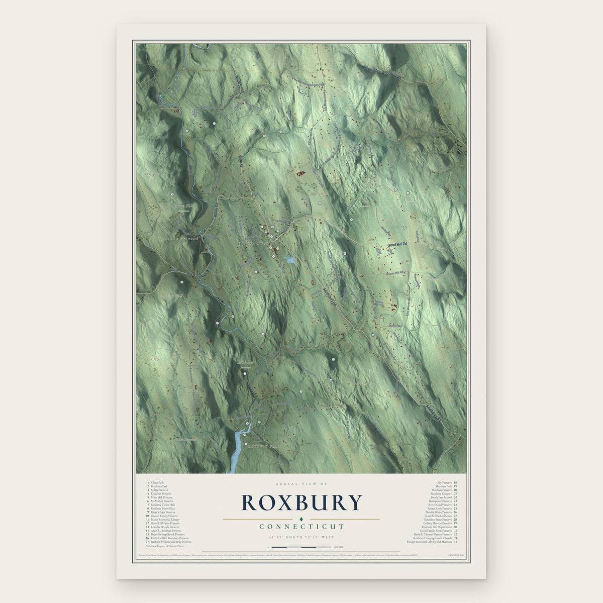 Roxbury, Connecticut map print, the full design