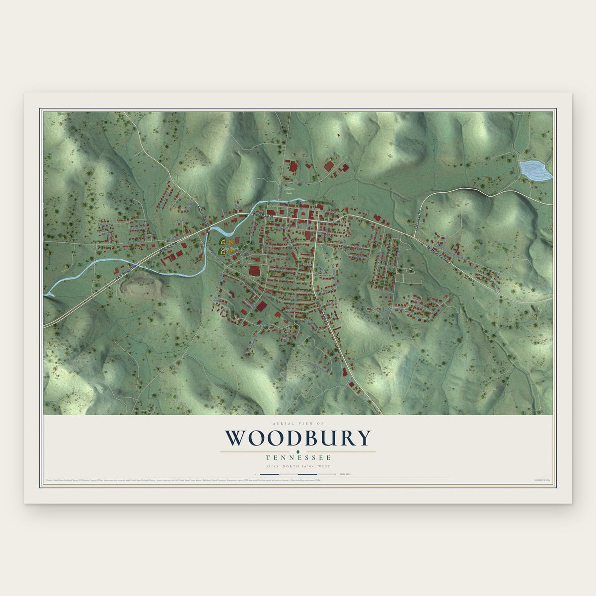 Woodbury, Tennessee map print, the full design