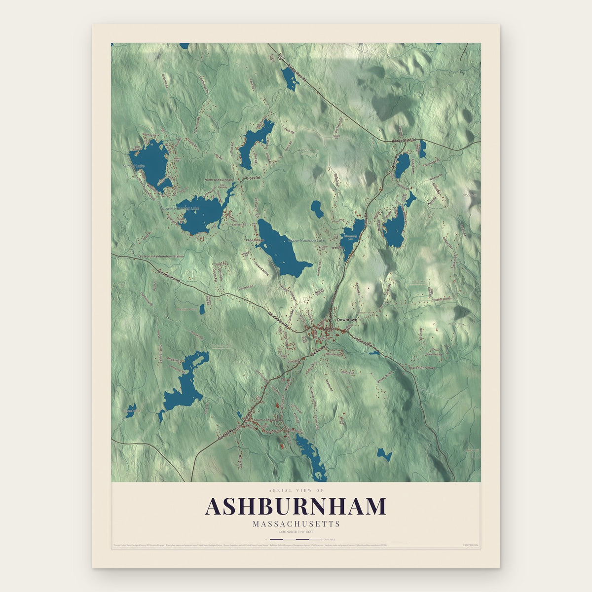 Ashburnham, Massachusetts map print, the full design
