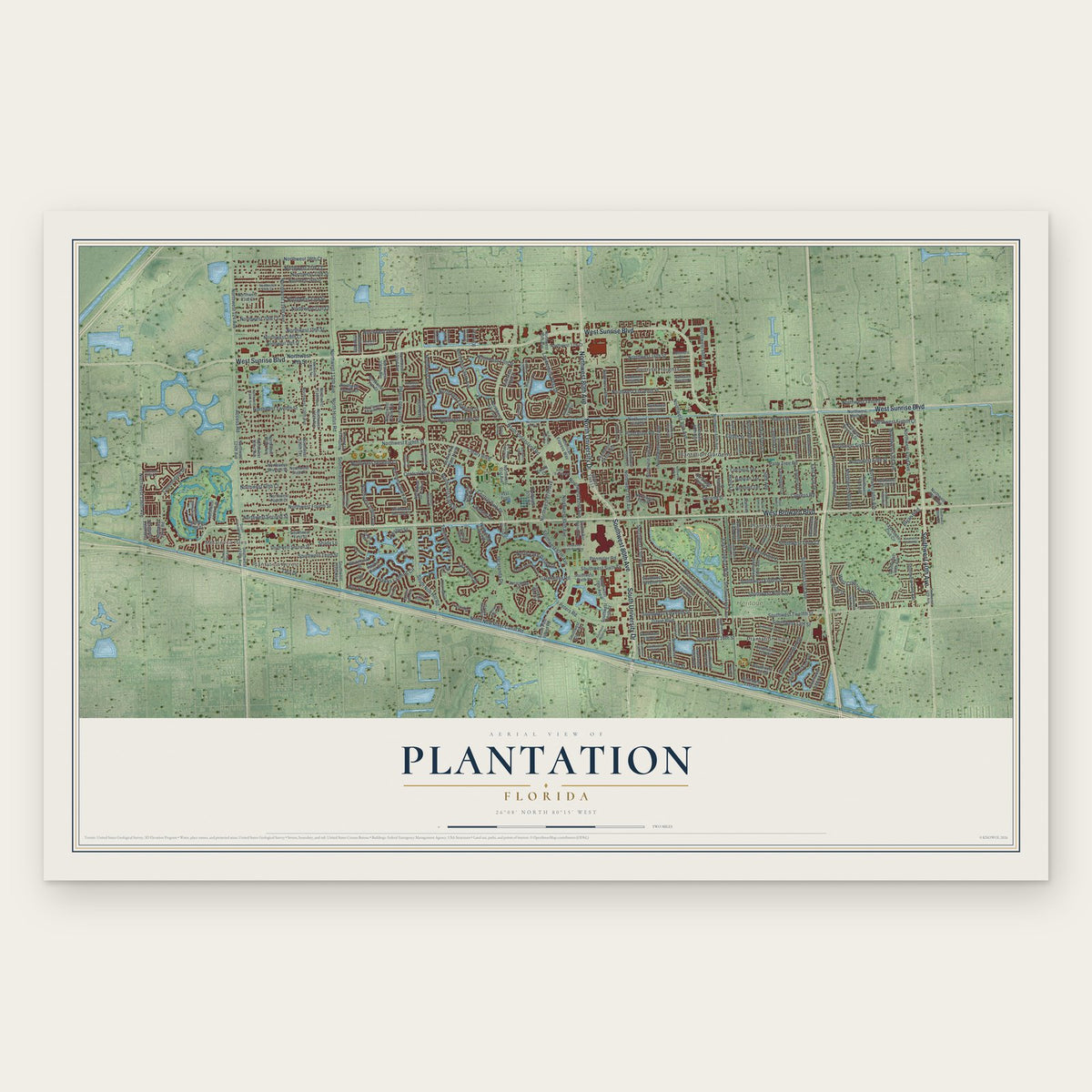 Plantation, Florida map print, the full design