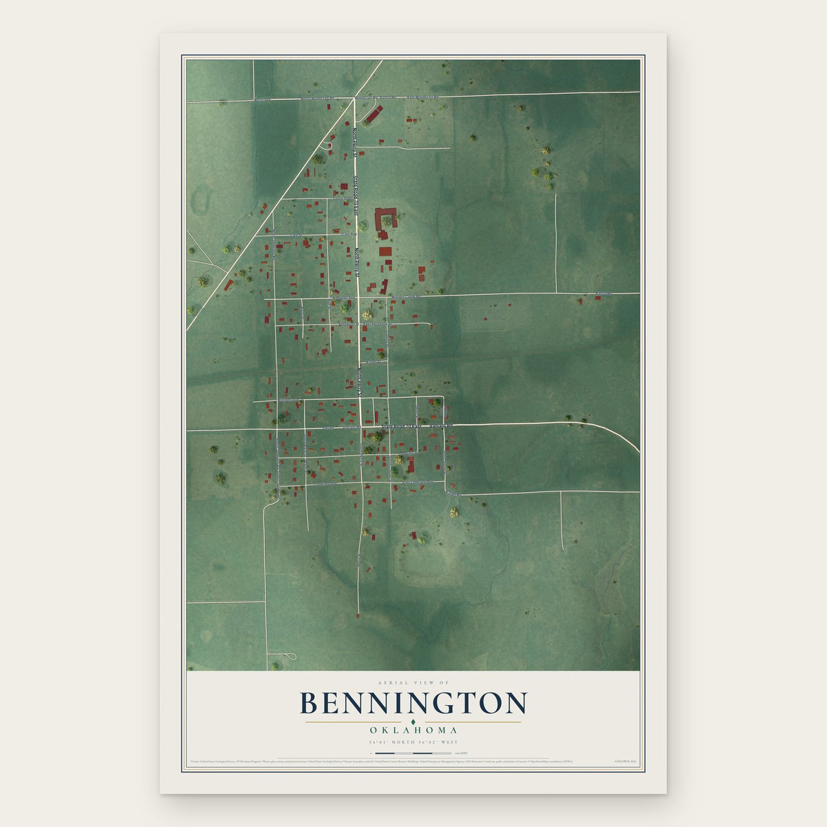 Bennington, Oklahoma map print, the full design