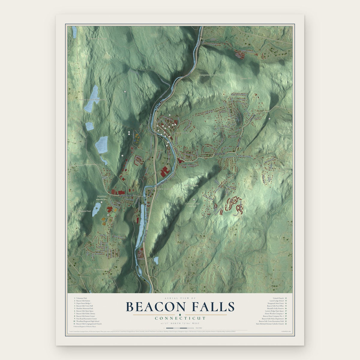 Beacon Falls, Connecticut map print, the full design