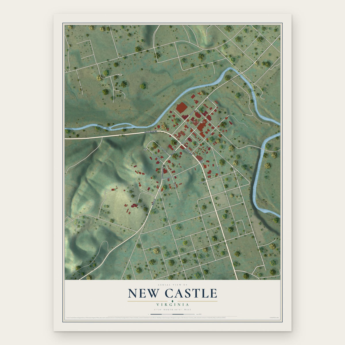 New Castle, Virginia map print, the full design
