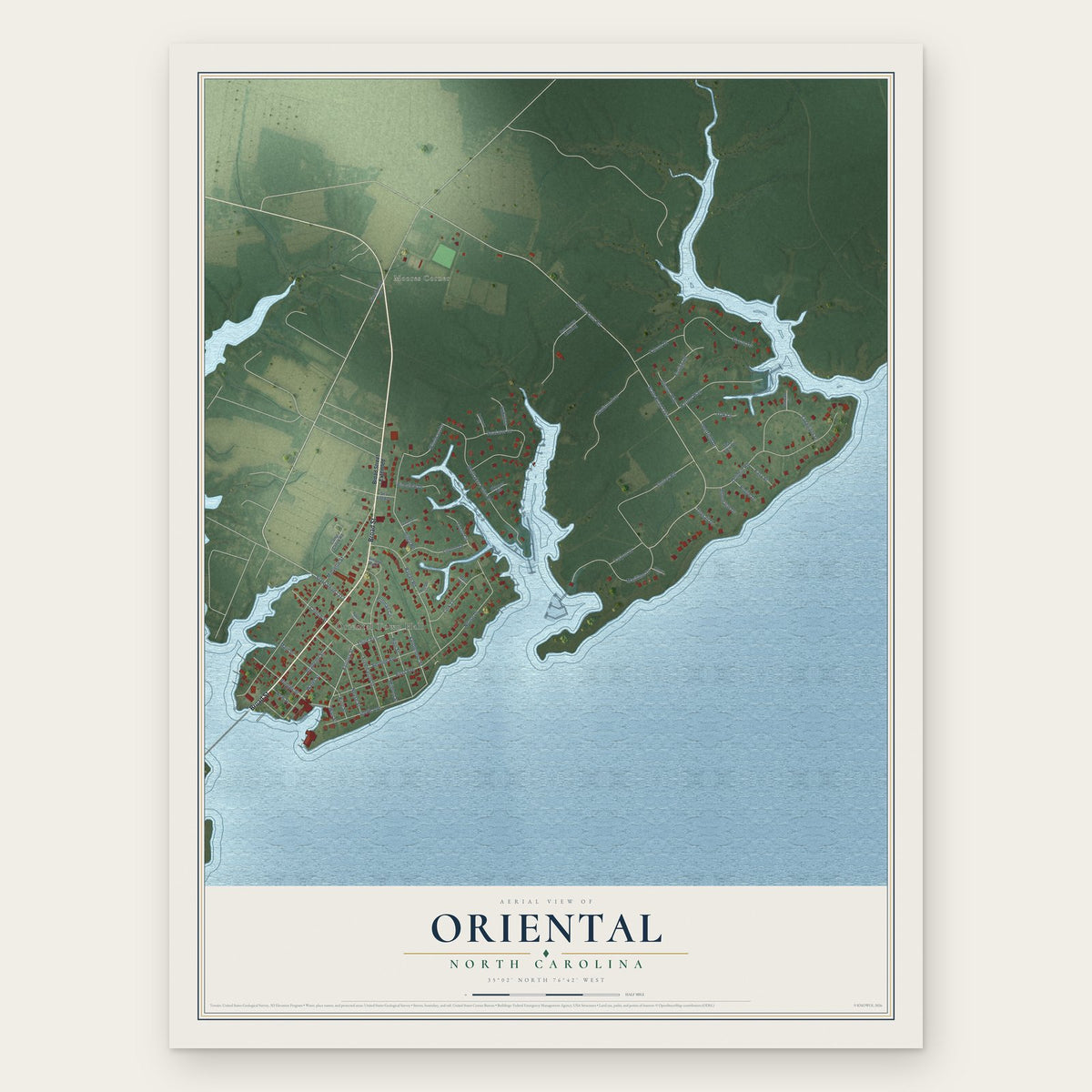 Oriental, North Carolina map print, the full design