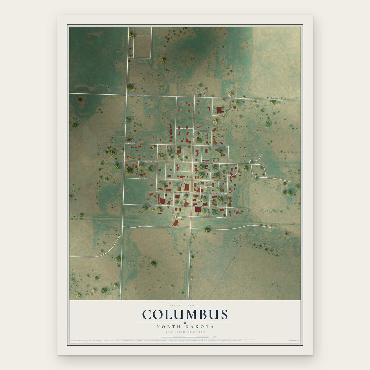 Columbus, North Dakota map print, the full design