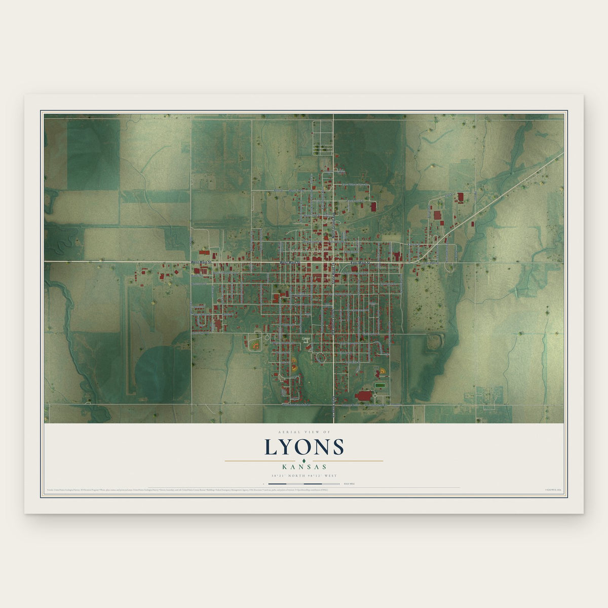 Lyons, Kansas map print, the full design