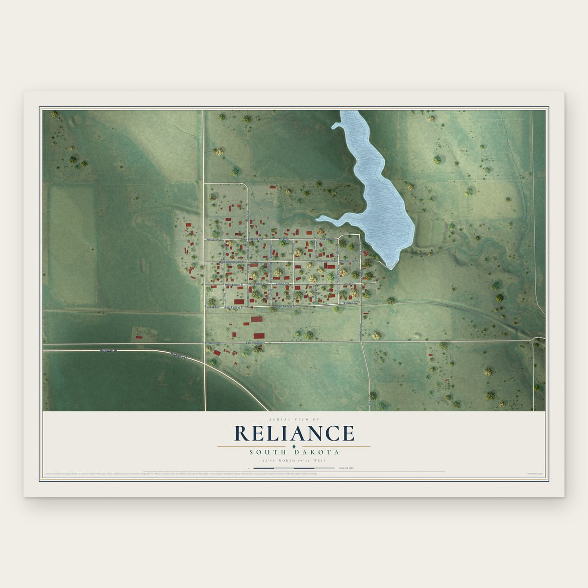 Reliance, South Dakota map print, the full design
